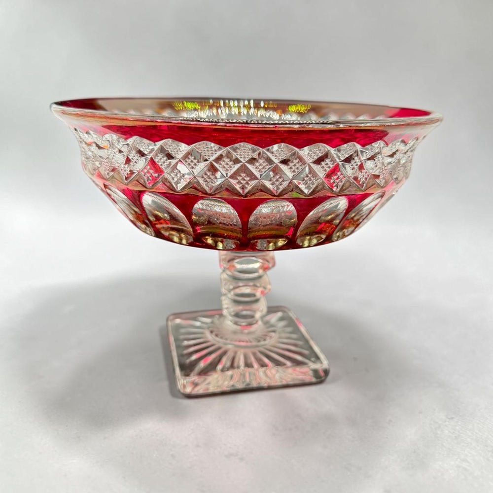 Vintage Ruby Red Flashed Glass Compote Bowl Diamond Cut Pedestal Dish 7.25in